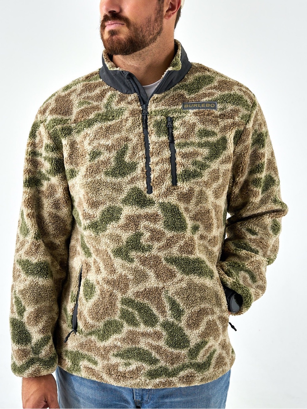 NWT men’s BURLEBO Camouflage Sherpa Fleece Pullover quarter zip size small